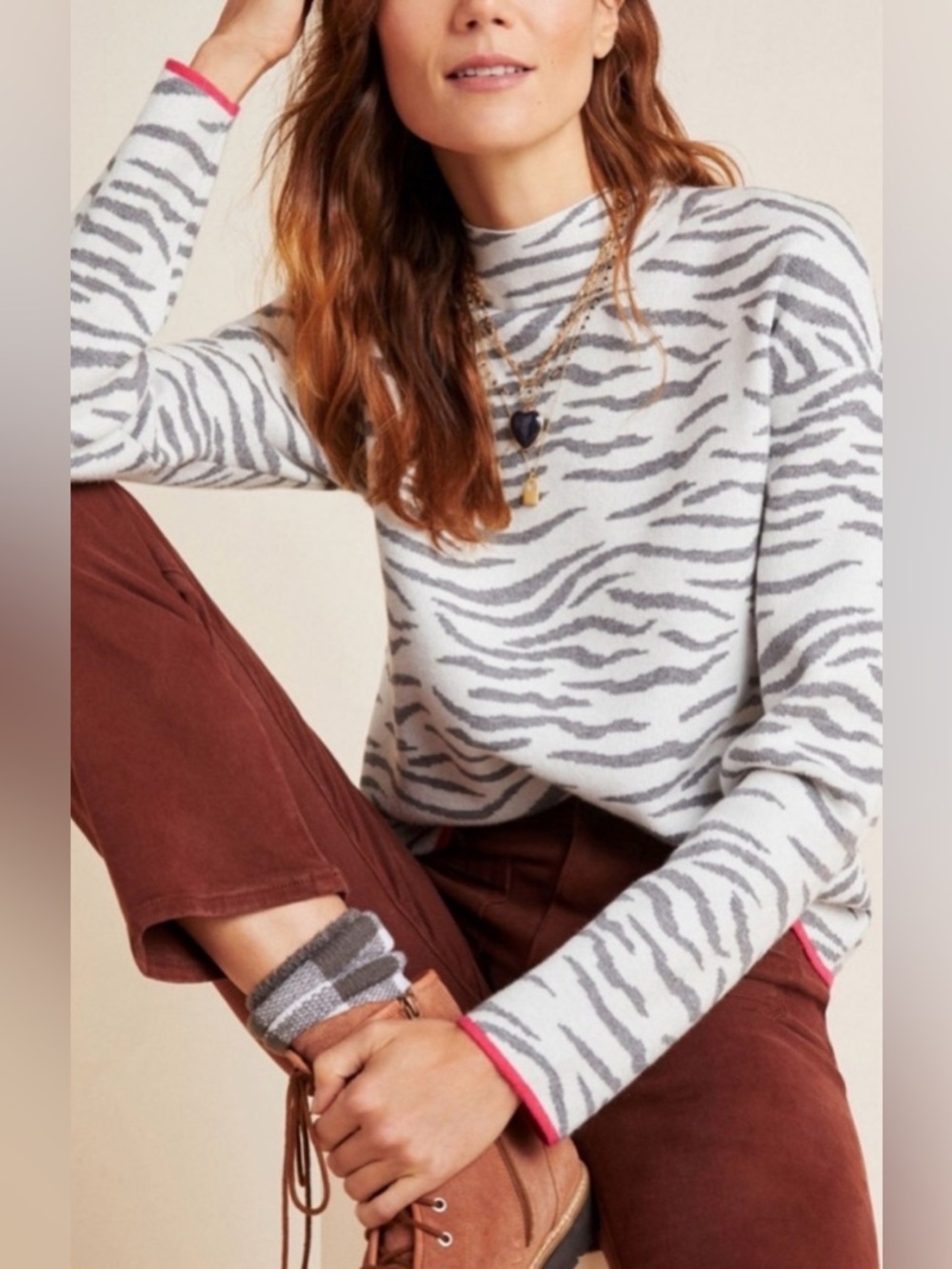 Anthropologie Lizzie Mock Neck Zebra Stripe With Pink Long Sleeve Sweater